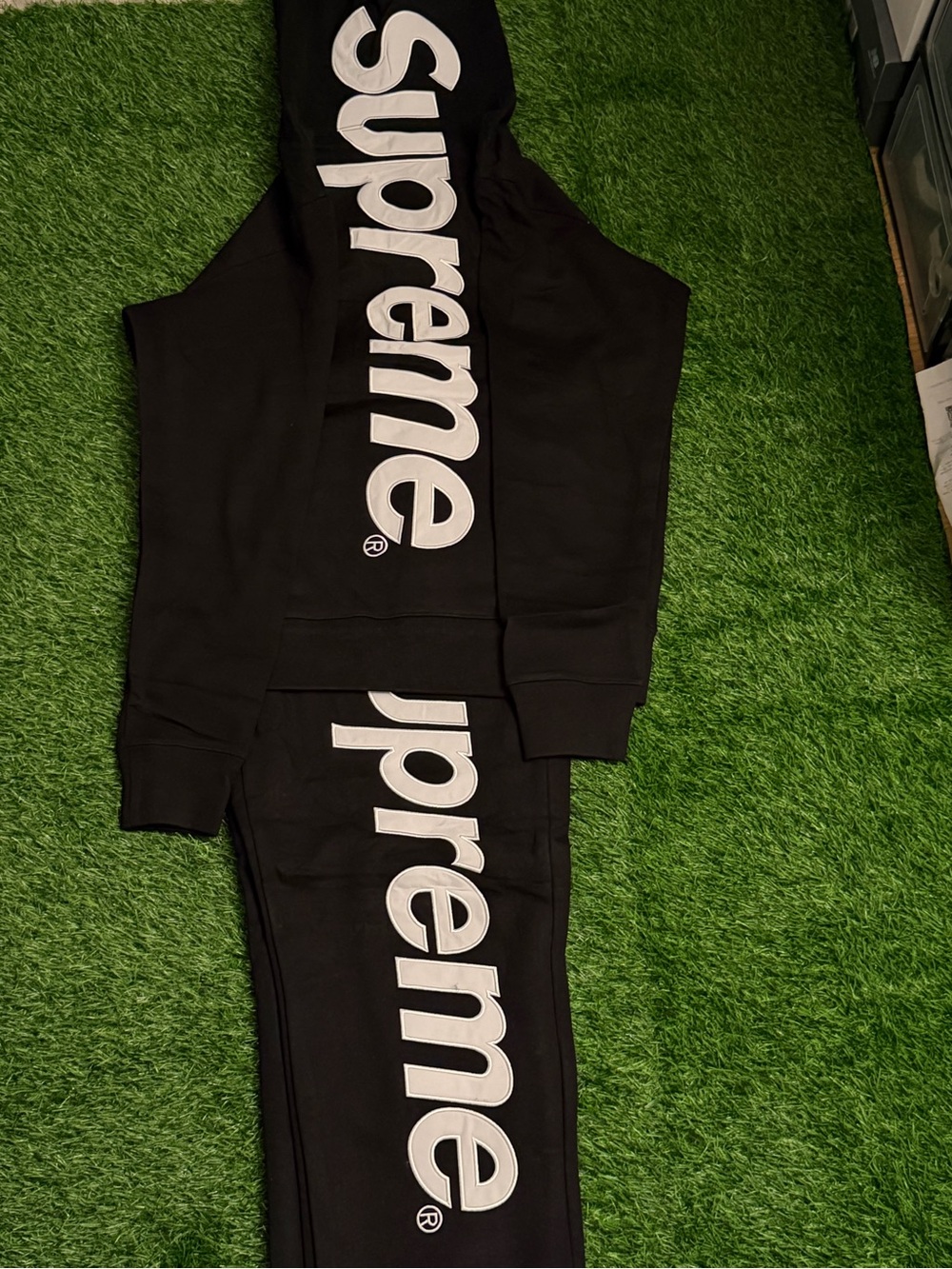 Supreme Kids Black Sweatpants with White Vertical Logo